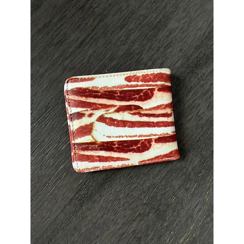 Bacon Print Novelty Bifold Wallet Mens Realistic Food Pattern Red White Slim